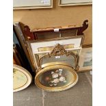 A mixed lot comprising mirrors, watercolours, a needlework picture, a still life of flowers,