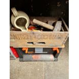 A Black & Decker Workmate Workbox and contents and a wooden box containing hand tools, chisels,