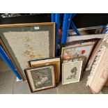 Various pictures and prints to include original works, a lithograph depicting a cat fishing, a