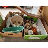 Two boxes of mixed pottery and glass including Japanese vases, carnival glass, eastern bowls, horn