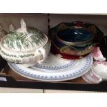 A box of ceramics to include a large antique meat platter, Myots tureen, soup bowl, a Royal Derby
