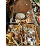 Three boxes of brass and plated ware and one large eastern tray