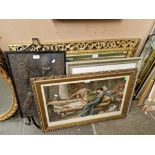 A mixed lot comprising two gilt framed mirrors, two prints, a needlework picture and a metal
