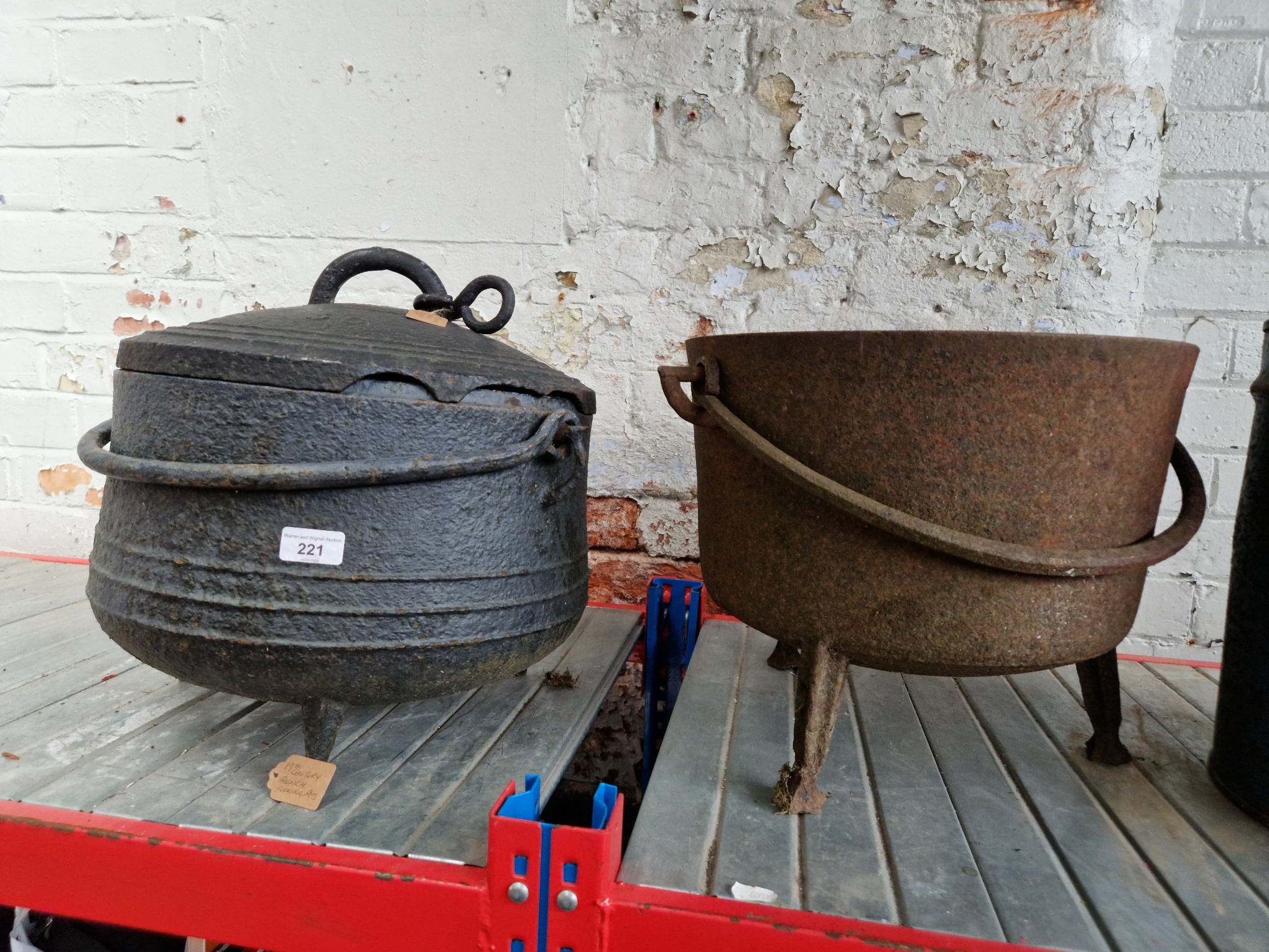 2 cast cauldron type French 19th Century cooking pots, one with lid