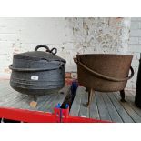 2 cast cauldron type French 19th Century cooking pots, one with lid