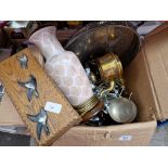 A box of misc to include plated ware, brass ware, table lamp, jewellery boxes etc