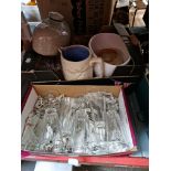 Assorted glass and pottery including champagne glasses, stoneware bottle etc