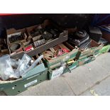 8 boxes of garage items including Briggs & Stratton 375 lawnmower engine, tools, etc