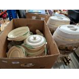 A box of Booths pottery and 2 vintage whisky barrels