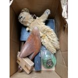 A metal cash cash tin with key, a vintage childs teddy bear, a small paraffin lamp, a shoe last,