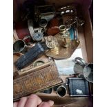 A box of metalware including brass, plated ware, a carriage clock and 2 sets of binpculars etc