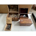 Four vintage wooden boxes containing silver plate, collectables etc.
