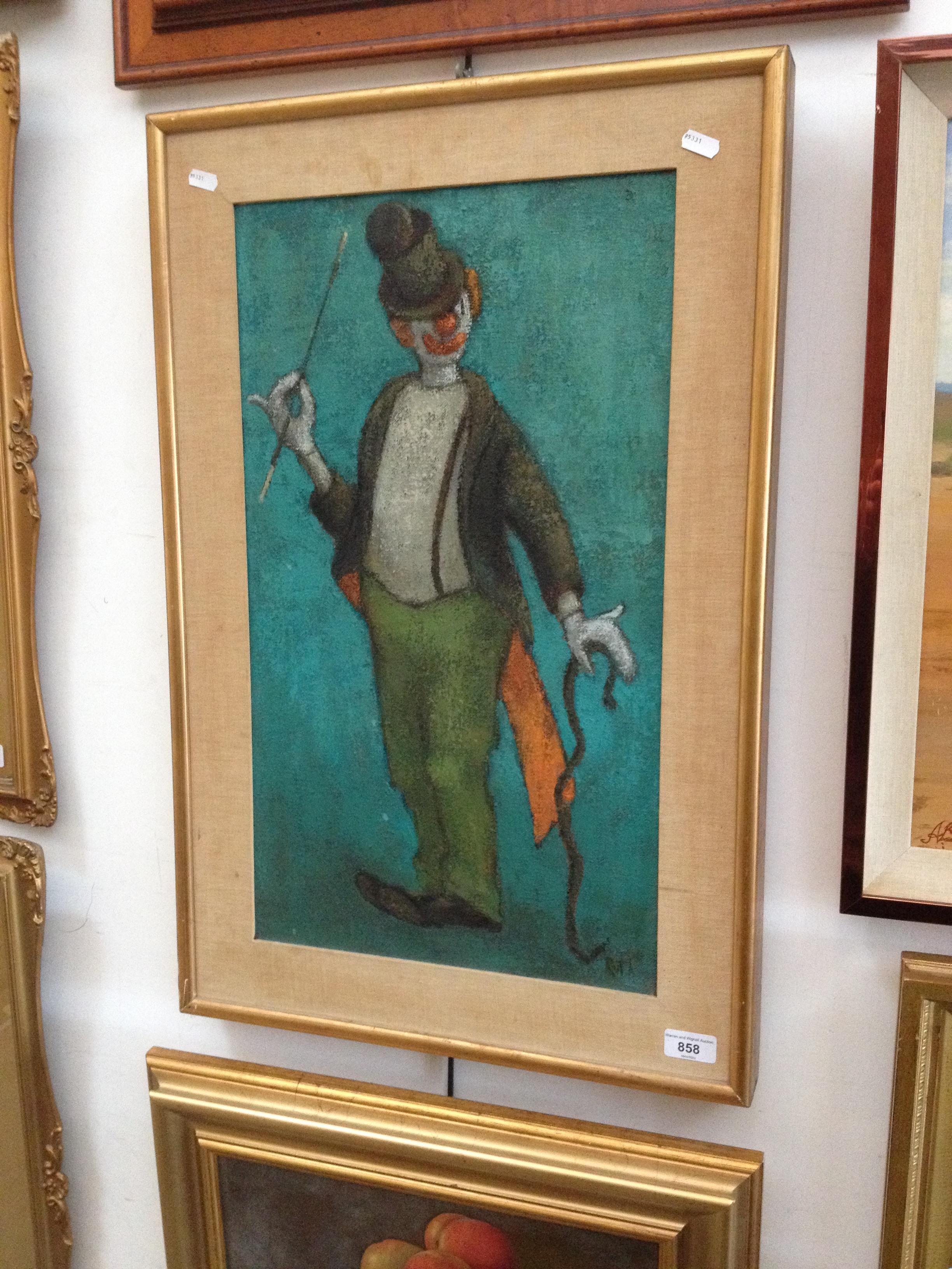 Mid 20th century, oil on canvas depicting a clown, 34cm x 59cm, signed 'Ruth' to lower right, framed