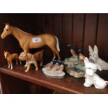 8 Beswick items - lion cub, 2 horses, 2 dogs and 3 bird pin dishes