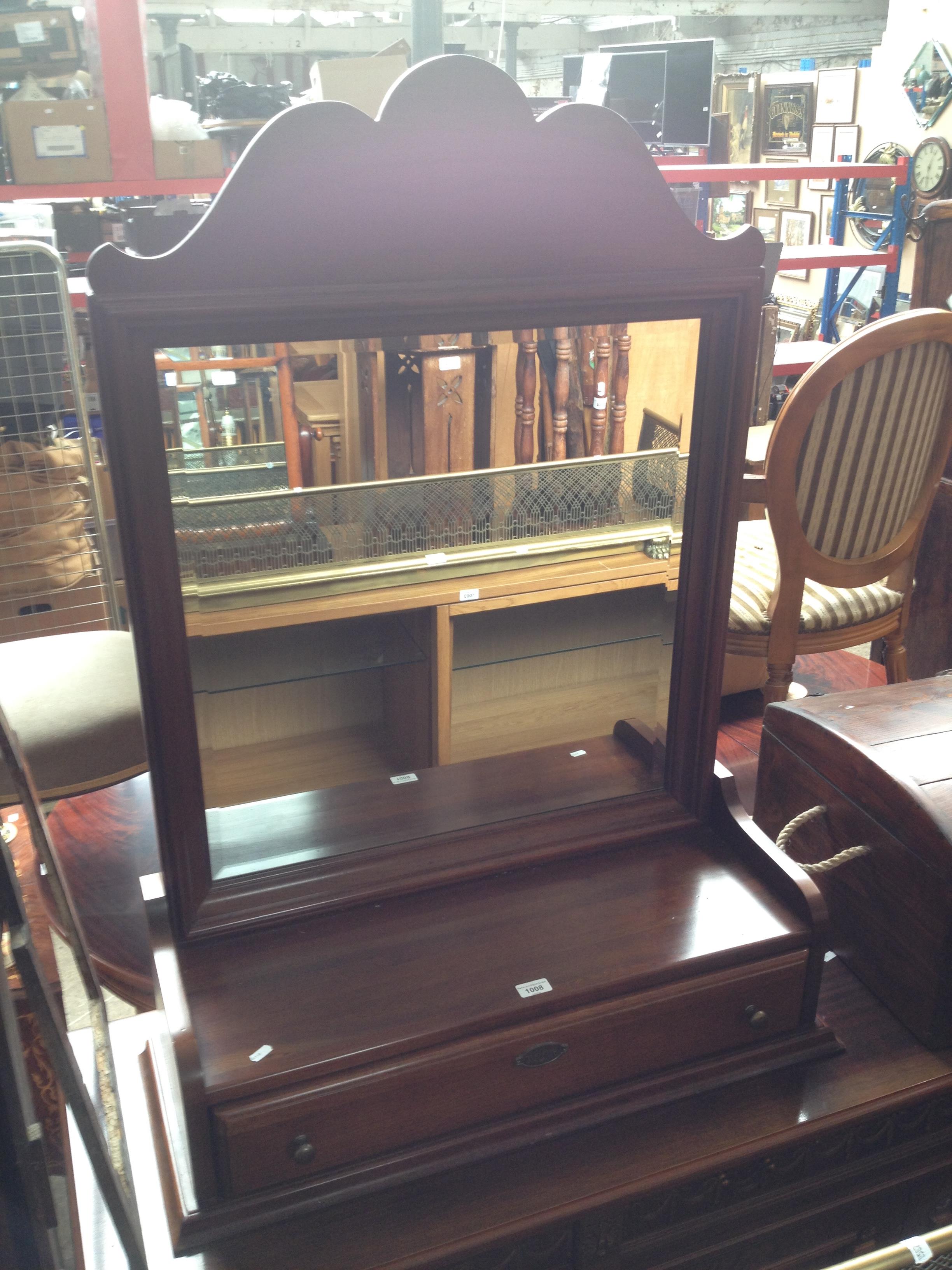 A cherry wood dressing table mirror with drawer, Norman Rockwell collection by Stanley Furniture.