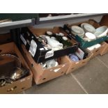 Seven boxes of various ceramics and also metalware