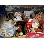 Three boxes and a wicker basket of misc including pottery, brass, plated ware, ornaments etc