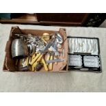 A box of assorted silver plated ware and a butter set with hallmarked silver knives.