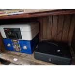 A Sentry safe Box 1160, a King Alarm safe box, and a cash box (locked but no key)