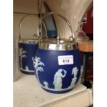 Two Wedgwood blue jasper biscuit barrels with plated mounts