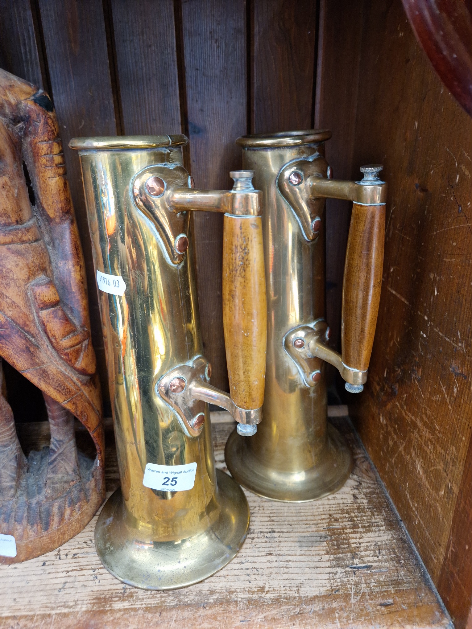 A pair of brass and copper ship's oil lamps filler jugs.