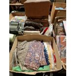 A box containing vintage handbags and a box of linen, crochet work, hatbox, ladies scarves etc