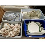 4 plastic tubs of dinnerware, to include modern Doulton, Royal Doulton Tonkin, Colclough, Wedgwood
