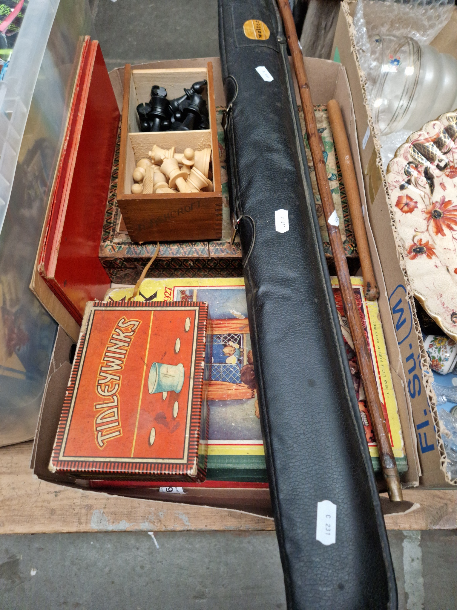 A Riley 2 piece snooker cue in soft case, vintage children's annuals Playbox (1923 & 1927), building