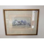 Jim MacDonald, rural scene with thatched cottages, watercolour, 32cm x 19cm, framed and glazed, 58cm