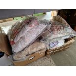 2 boxes of various linen and 2 bags of vintage quilts