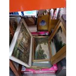 A box of pictures including oils, prints etc