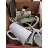A misc lot to include metal kitchen scales, antlers, cup and jug, stoneware water bottle, etc.