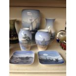 Royal Copenhagen - 4 vases & 2 dishes all decorated in maritime and coastal scenes, tallest appx