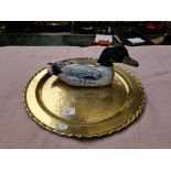 A Arts & Craft Brass Tray signed T Wellens and a wooden decoy duck