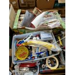 4 boxes of misc items including sea shells, artists paints, vintage electricals, haberdashery, and a