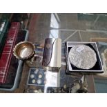 A hallmarked silver salt dish, a vintage Gucci compact, and a plated trinket box with the crest