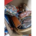 A box of misc items including gilt framed circular mirror, jasperware pottery, glass paperweights,