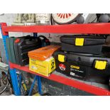 A collection of tools to include 2 ton trolley jack, socket set,2 plastic tool boxes, Black & Decker