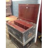 An antique joiner's toolbox with fitted interior containing a number of vintage hand tools, saws