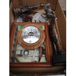 A box of mixed items including a maritime diorama, barometer, hip flask, bird models etc