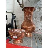 A copper bowl on plinth and a large copper vase, height appx 48 cm