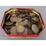 A tin of assorted GB coins to include Victorian, etc.