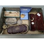 A tray of collectables t o include a hallmarked silver cigarette case (as foind), vintage