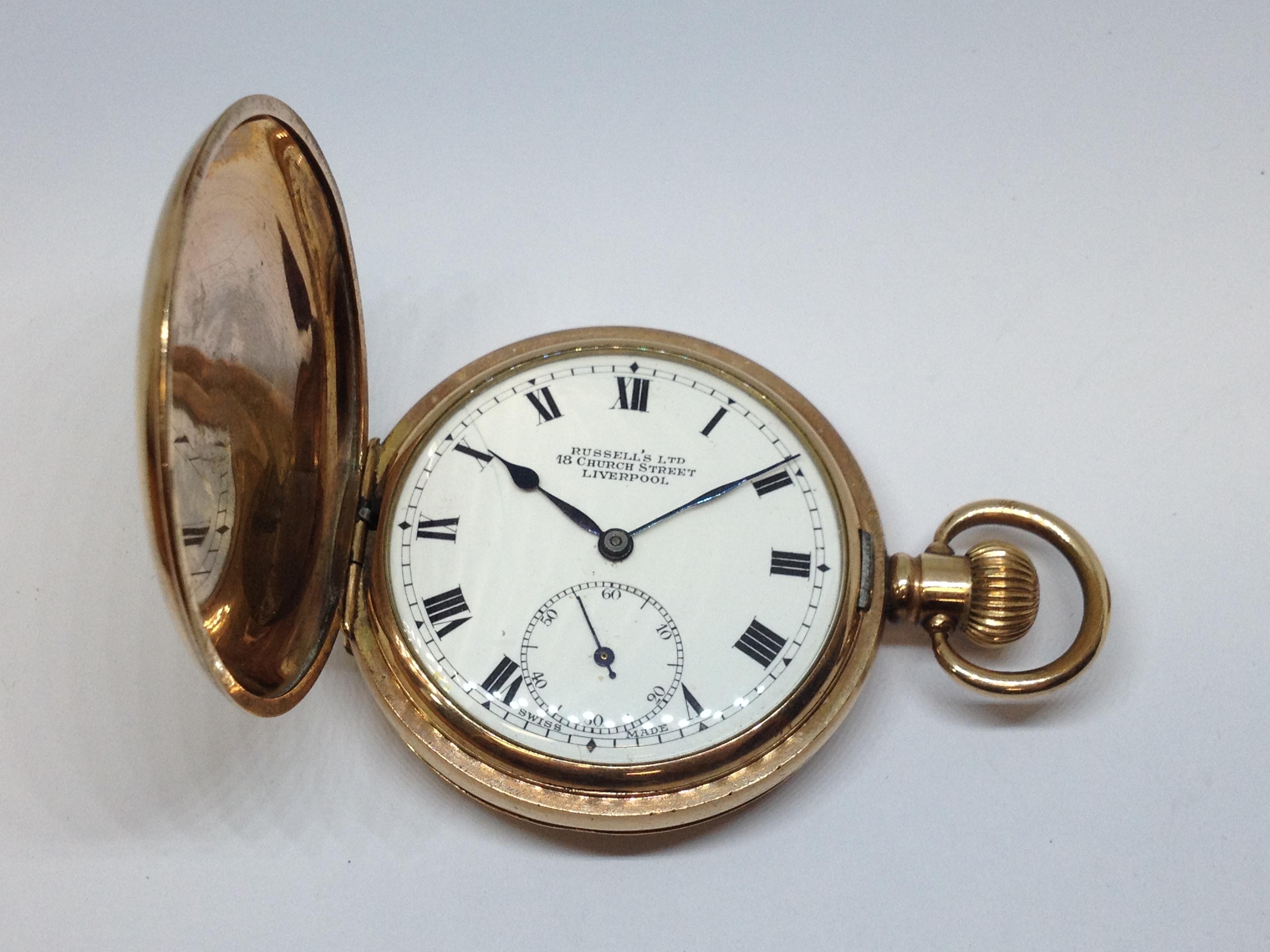 A Russell's gold plated full hunter pocket watch, diameter50mm.