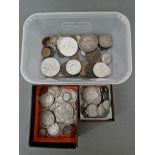 A collection of GB and world coins to include 9ozt of silver GB coins, small box of part silver GB