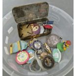 A tray of collectables to include 10 badges & medals (including Melbourne olympics 1956, Queen of