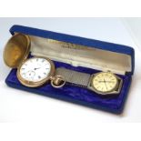 A gold plated Elgin full hunter pocket watch and a Montine automatic wristwatch., both as found.