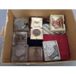 A box of assorted costume jewellery, glass ink wells etc.