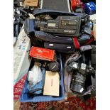 A box of cameras and accessories to include a Sony Video 8 Handycam, a Sharp VL-A10 Viewcam 8, a
