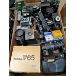 A box of cameras and camera equipment including Nikon, Sony, Polaroid, Olympus, Meyer, Sigma,